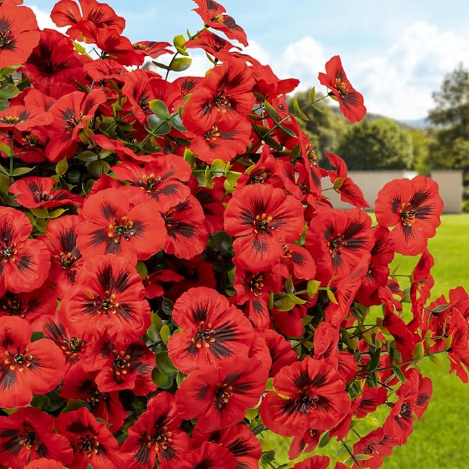 24 Pcs Artificial Fake Pansy Flowers for Outdoor,Faux Silk Plants Flowers UV Resistant Pansies Spring Flowers for Planter Front Door Porch Yard Patio Garden Window Box Home Decor(Red)