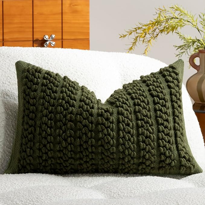 DEZENE Wool Boucle Lumbar Pillow Cover Premium Chic Accents Rectangular Textured Decorative Throw Pillow Case for Living Room Couch Sofa Home Decor 12"x20" Olive Green Christmas