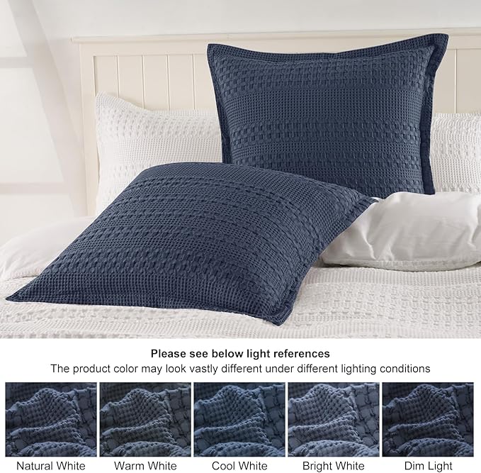 PHF 100% Cotton Ruffle Waffle Weave Euro Sham Covers, 2 Pack 26" x 26" Bed Pillow Covers for Elegant Home Decor, No Filling, Luxury Aesthetic Euro Pillow Cases for Bed, Indigo
