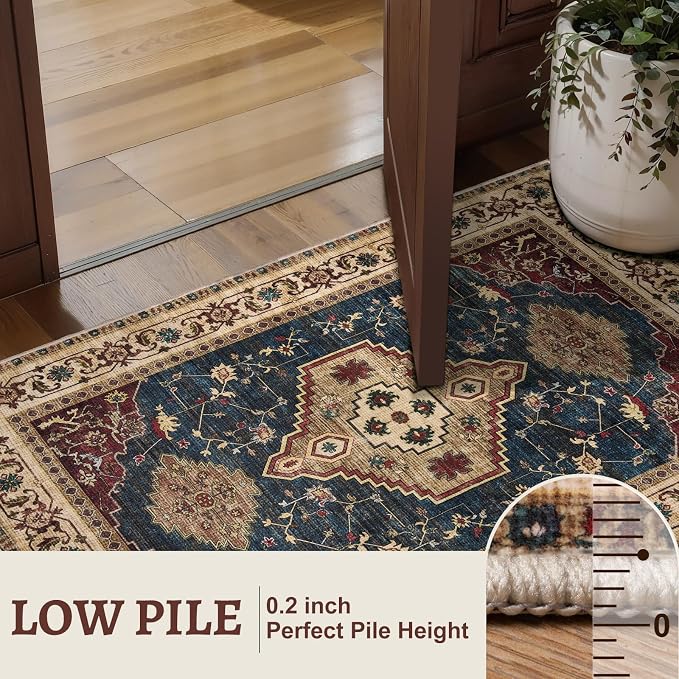 Tangsoo Oriental 3x5 Washable Rugs for Entryway, Non Slip Vintage Indoor Accent Rug Carpet, Boho Soft Low Pile Tumble Rug for Living Room Dining Bedroom Bedside Entry Home Decor Dark Blue Beige