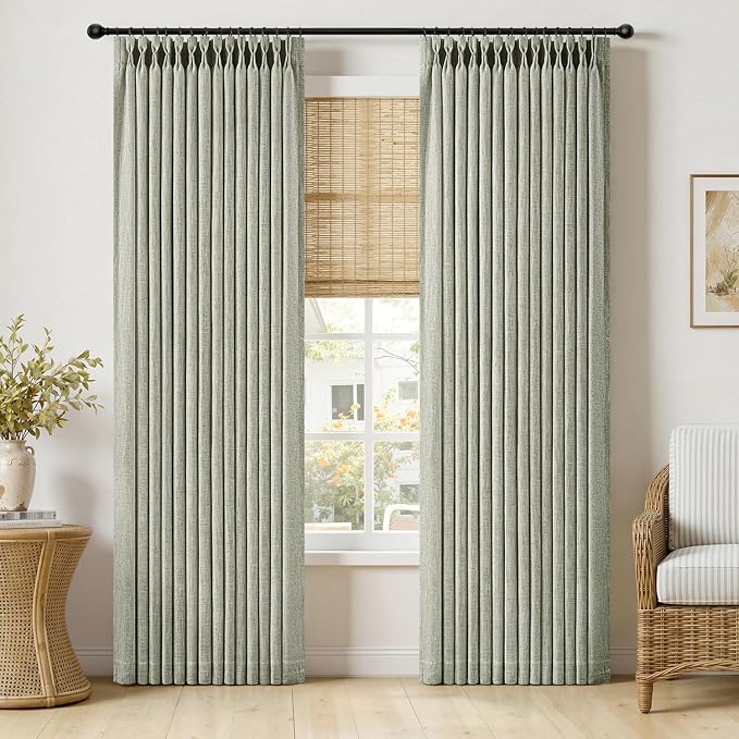 MIULEE Pinch Pleated Thick Linen Curtains 90 Inches Long 2 Panels for Living Room Bedroom, Linen Textured Memory Trained Pleat Drapes Back Tab Light Filtering Sage Green Window Curtains with Hooks