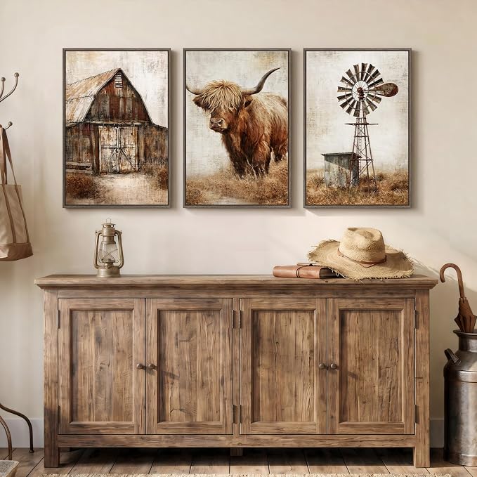 Framed Farmhouse Cow Wall Art for Living Room, Large Vintage Country Highland Cow Canvas Paintings Wall Decor Set of 3, Retro Rustic Country Pictures Prints for Bedroom Dining Room Hallways Office 20x30 In