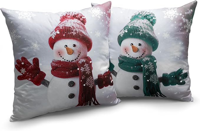 Christmas Green and Red Snowman Pillow Covers Winter Holiday Throw Pillow Covers 22x22 Cotton Linen Cushion Case for Bedroom Living Room Couch Pack of 2