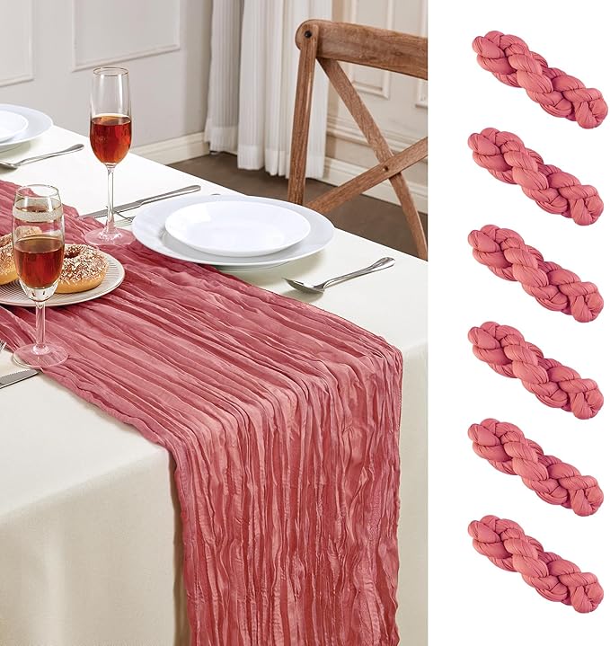 6 Pack Rose Cheesecloth Table Runner 10FT Long Easter Spring Boho Gauze Table Runner Rustic Sheer Runner for Spring Wedding Bridal Baby Shower Birthday Party Table Decor Easter Decorations