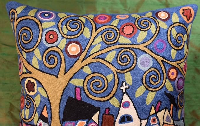 Blue Gray Tree of Life Accent Pillow Cover Karla Gerard Floral Pillowcase Village Church Floral Chair Cushion Farmhouse Pillowsham Hand Embroidered Wool Size 18x18