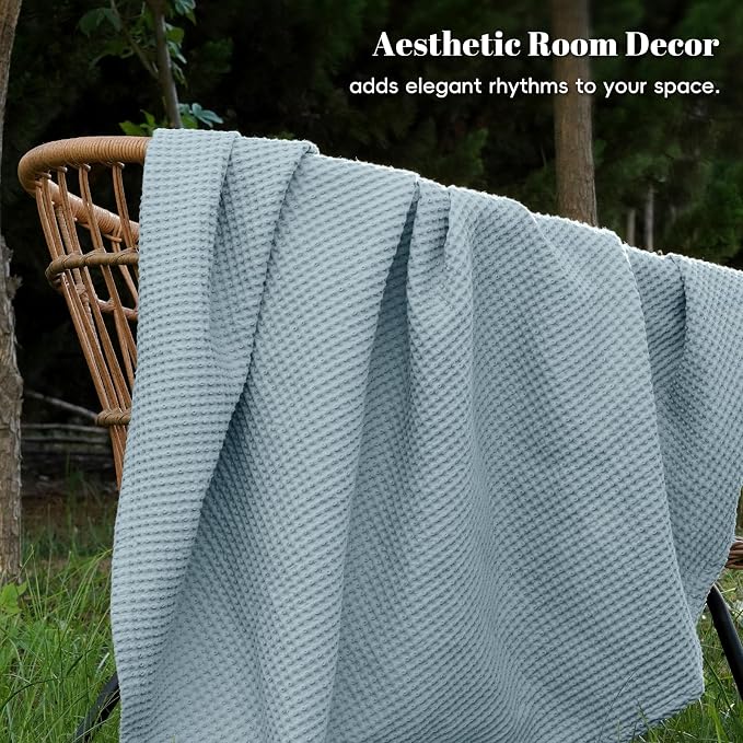 PHF Pre-Washed 100% Cotton Waffle Weave Blanket Queen Size for Bed,Snag Proof Throw Blanket for Couch Spring Summer Lightweight Breathable,Machine Washable, Home Decor Gift - Dusty Blue