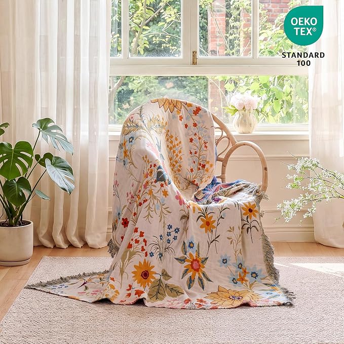 MSGKV Boho Throw Blanket for Bed 60"x80" Cotton Floral Twin Size Blanket Lightweight Farmhouse Muslin Summer Breathable Couch Blankets Home Decor All Seasons