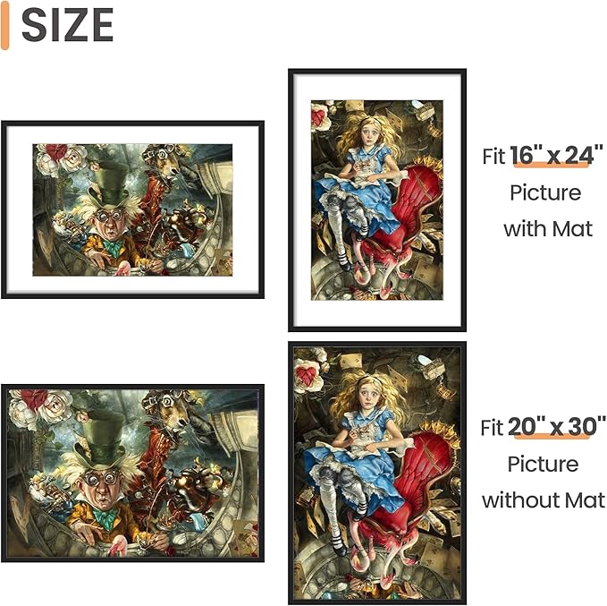 upsimples 20x30 Poster Frame, Display Pictures 16x24 with Mat or 20 x 30 Without, Wall Hanging Picture Frames, Black, 1 Pack