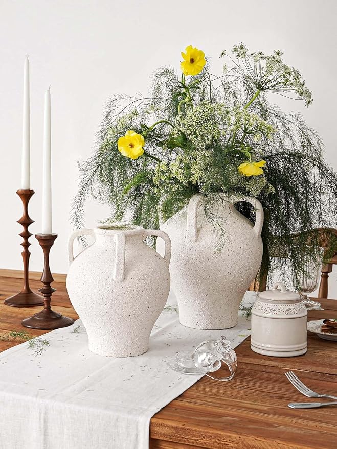 Large White Ceramic Vase - 10.8 Inch Rustic Farmhouse Vase with Handles for Home Decor, Vintage Tall Vases for Living Room, Table, Bathroom, Holiday & Weddings (Rock Sand White)