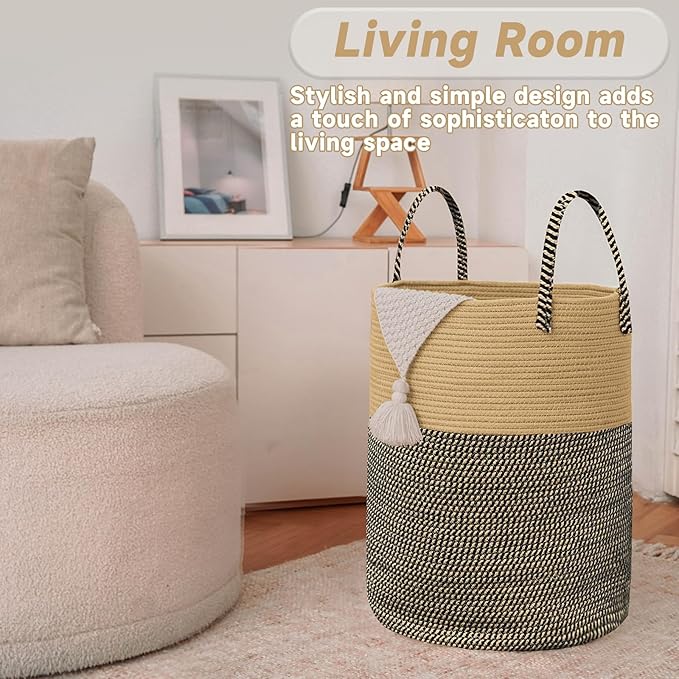 JMvicyroam Large Woven Laundry Basket Hamper,60L Cotton Rope Storage Bin for Blankets,Toys and Clothes,Decorative Tall Nursery Hamper for Living Room,Baby Nursery,Bathroom and Bedroom,Brown and Black