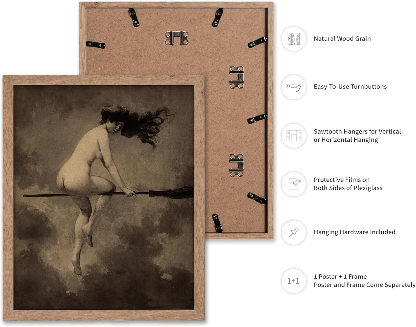 Poster Master Vintage Albert Joseph Penot Poster - Retro Halloween Print - Gift for Artist, Friend - Departure for the Sabbath, Naked Witch on Broom - Wall Decor for Bedroom, 8x10 Beige Framed