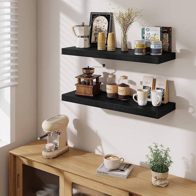 Fun Memories Floating Shelves for Wall, 32 Inch Long Floating Shelves Set of 2, 32 x 10 Wooden Shelves for Wall, Large Storage Shelves, Hanging Shelves for Bathroom Kitchen Bedroom, Black