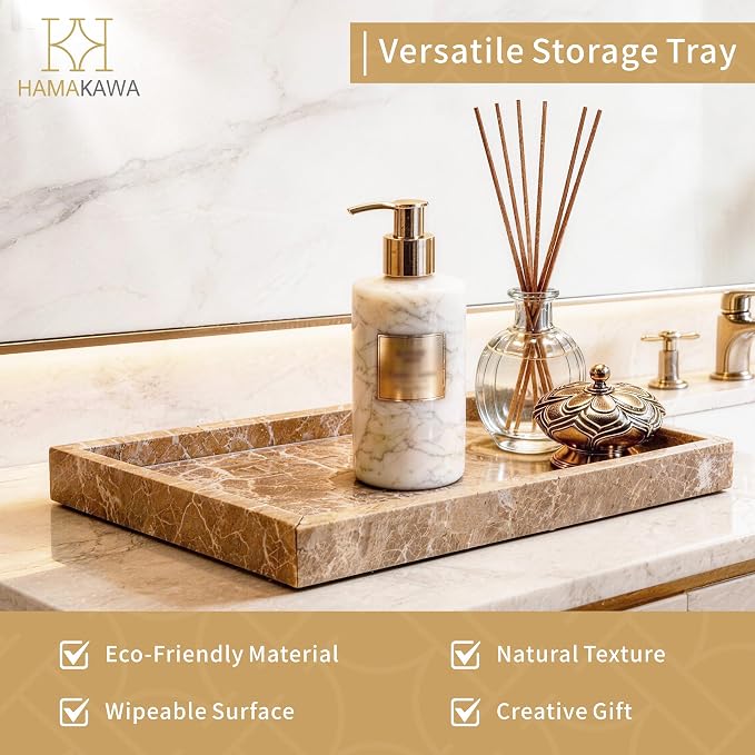 Large Bathroom Vanity Tray, Real Natural Marble Tray 12 inch, Emperador Light Marble Stone Toilet Tank Trays, Modern Dresser Trays, Countertop Organizer for Kitchen Counter, Soap Dispenser