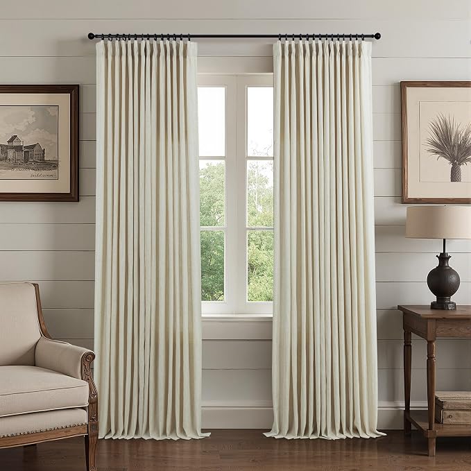Beige Linen Pinch Pleated 98 Inch Curtains 2 Panel for Dining Room Living Funky Neutral Thick Sheer Ceiling Track Light Filtering Privacy Drapes 98 Long Custom Length for Bedroom Patio Sliding Door