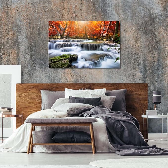 Nature Sunset Landscape Large Wall Art Living Room National Park Forest Picture Wall Decor Waterfall Scene Poster Prints Retro Maple Trees Photography Artwork for Living Room Kitchen Decoration 32x48