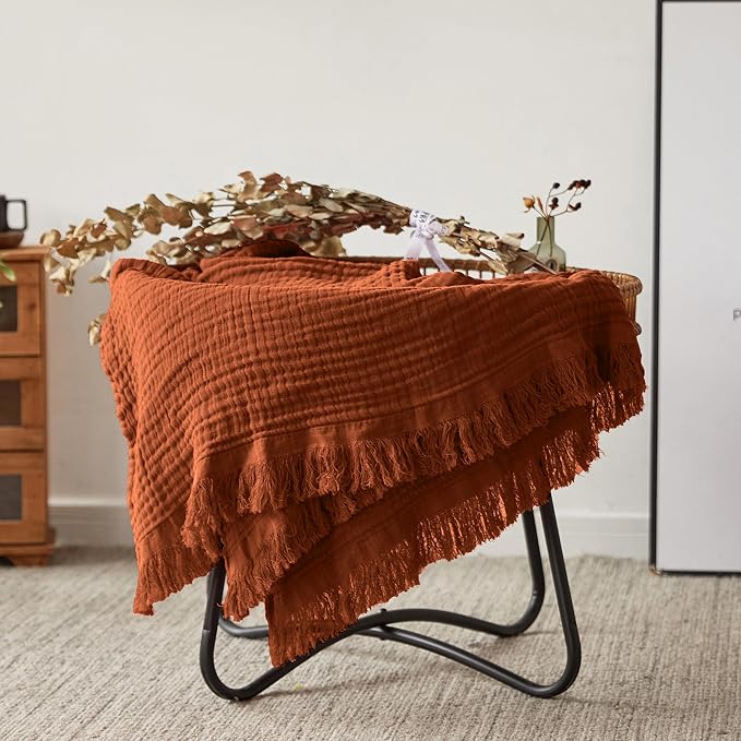 FALUCA Cotton Muslin Throw Blanket 50x60 Inches for Bed, Couch, Knit Woven Gauze Blanket, Soft Lightweight Cozy Breathable Farmhouse Decoration for All-Season, Caramel