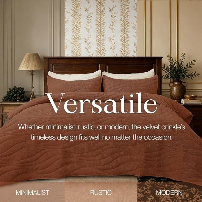 DOWN HOME Crinkle Textured Velvet Quilt Set with Shams, All-Season Luxury Modern Bedding,Easy Care Comforter,Ultra-Soft,Lightweight & Breathable, King, Rosewood Brown