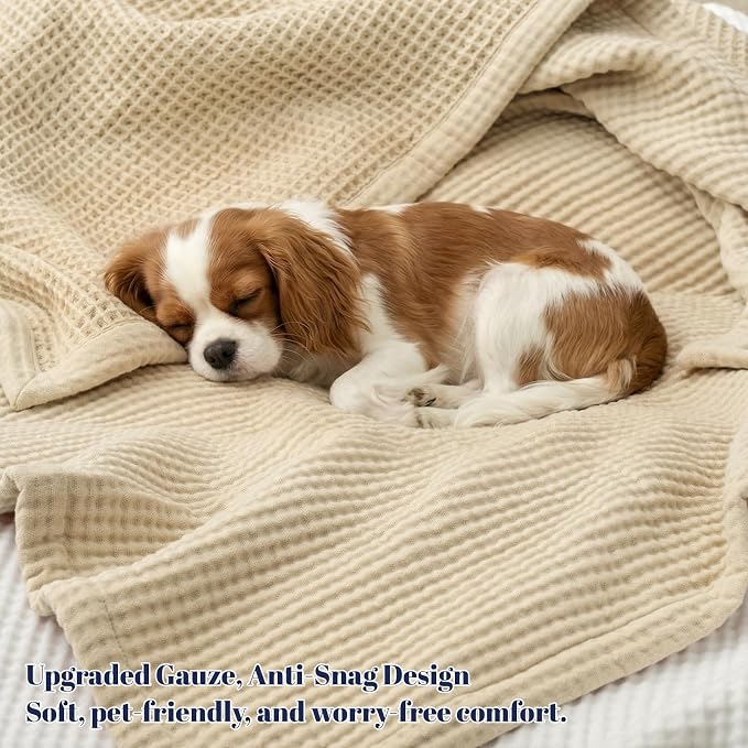 PHF 100% Cotton Waffle & Muslin Blanket Queen Size, Soft Breathable Luxury 400GSM Versatile Reversible Bedding for Bed, Great for Layering in Cold Weather, Home Decor Gift, 90" x 90", French Oak