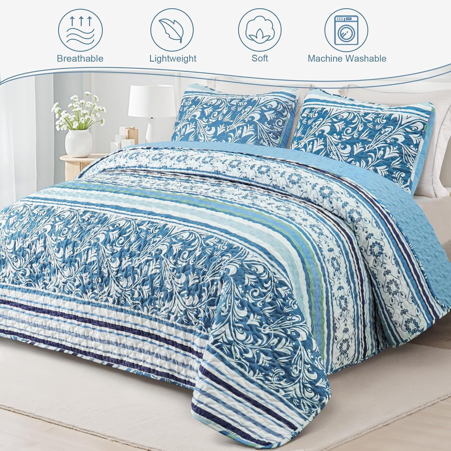 Exclusivo Mezcla Reversible Boho Quilt Set Queen Size, 3 Pieces Bohemian Striped Blue All Season Bedspreads, Ultra Soft Floral Coverlet Bedding Set with Printed Pattern (1 Quilt, 2 Pillow Shams)