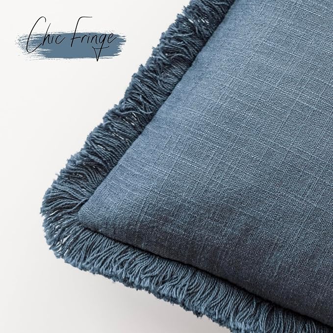 Foindtower Set of 2 Decorative Linen Fringe Lumbar Throw Pillow Covers Farmhouse Cushion Cover with Tassels Accent Pillowcase for Couch Sofa Bed Living Room Home Decor,12×24 Inch,Dark Blue