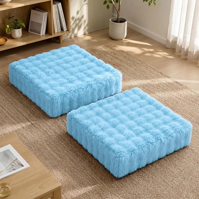 JKMAX 2 Pcs High Density Foam Floor Pillow - Upgraded Large Pillows Seating for Adults - Outdoor Floor Cushion with Soft Tufted Cover - Yoga Pillows for Sitting On Floor - 22 Inch Sky Blue