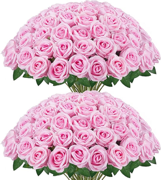 InnoGear 50 Pcs Pink Roses Artificial Flowers, Fake Velvet Silk Rose Bulk Faux Flower for Decoration DIY Wedding Centerpieces Proposal Bridal Bouquets Shower Party Home Floral Decor (50, Pink)