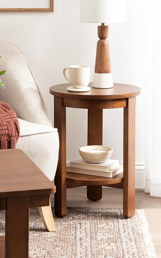Kate and Laurel Foxford Tiered Round Side Table, 16 x 16 x 23, Walnut Brown, Transitional Two-Tier Circle Nightstand Table with Storage and Resilient Wood Construction for Bedroom Decor