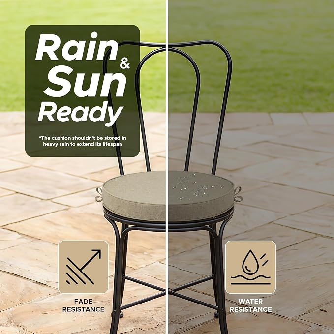 Outdoor Round Chair Cushions 18 Inch, Fade-Resistant & Water-Resistant, Bistro Chair Seat Pads for Porch Garden Balcony Patio Furniture Stools, Non-Slip Bottom, Set of 2, Natural