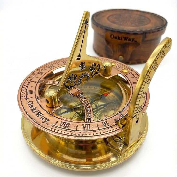 OakiWay Brass Sundial Compass in Leather Case - Nautical Gifts for Men, Antique Sailing Anniversary Gadget for Him, Unusual Unique Nautical Decor, Naval Maritime Pocket Watch Clock (2.7" Inch)
