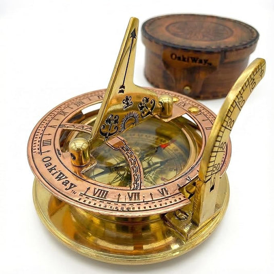 OakiWay Brass Sundial Compass in Leather Case - Nautical Gifts for Men, Antique Sailing Anniversary Gadget for Him, Unusual Unique Nautical Decor, Naval Maritime Pocket Watch Clock (2.7" Inch)