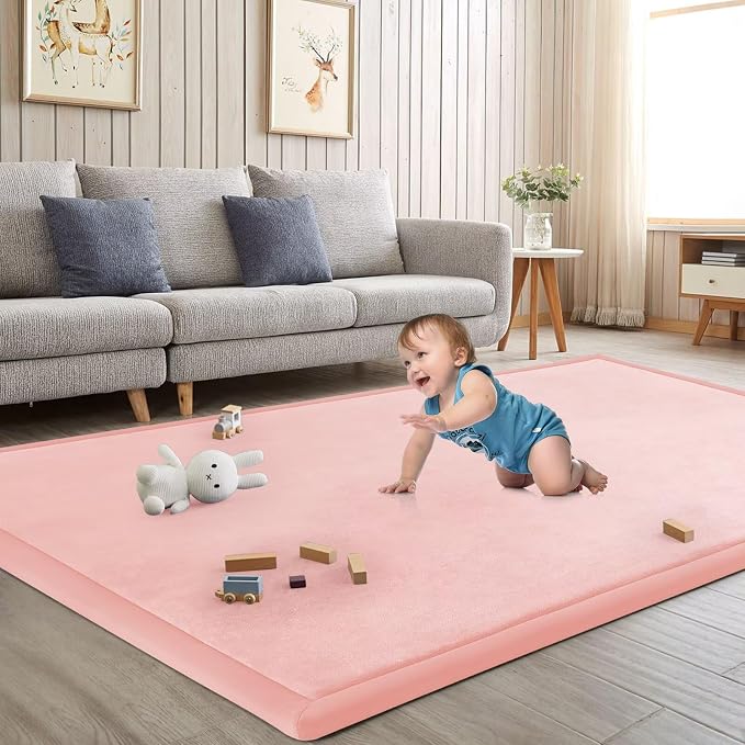 Baby Play Mat for Floor Nursery Rug Muscle Mat Area Rug Playroom Rug 59"x79" Playpen Mat Elastic Foam 1.3" Thick Crawling Mat for Babies,Toddlers, Infants, Kids,Light Pink