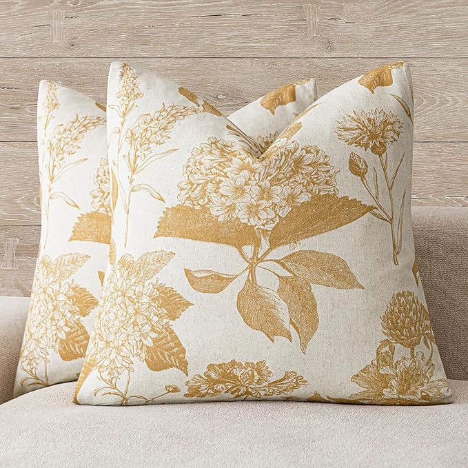 Foindtower Set of 2 Linen Floral Vintage Throw Pillow Covers Neutral Accent Print Decorative Cozy Cushion Covers Farmhouse Home Decor for Sofa Chair Couch Bed Living Room,18×18 Inch,Light Yellow