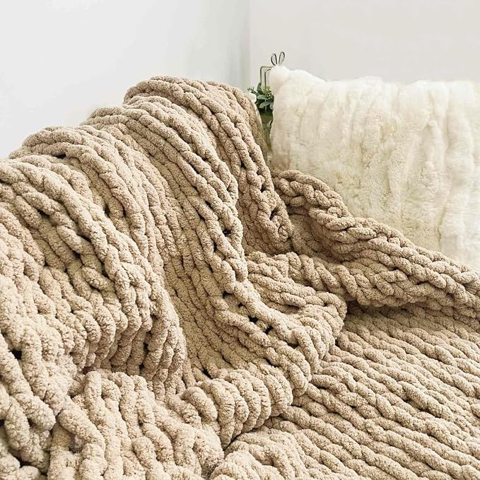 Soft Chunky Knit Throw Blanket for Couch, Cozy Warm Knitted Blankets | Hand Knit with Jumbo Chenille, Lightweight Warm Fluffy Decor for Women, Mom, Her & Girls, Sofa, Chair, Bed, 40"×40" (Tan)