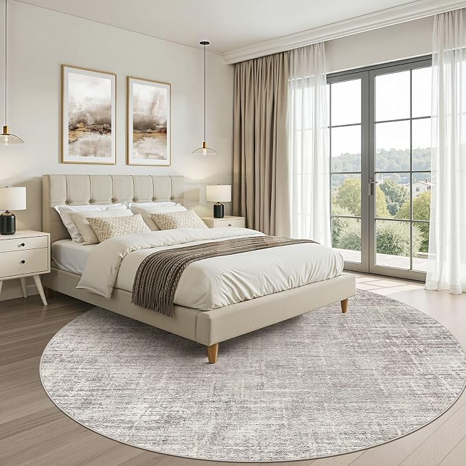 10ft Round Rug Living Room: 10x10 Washable Large Neutral Circle Area Rug Abstract Soft Modern Stain Resistant Indoor Floor Non-Slip Carpet for Bedroom Nursery Kids Office Playroom- Brown Gray