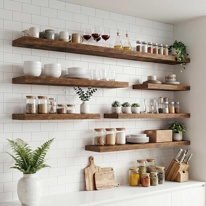 72 Inch Floating Shelves for Wall, 8"D Wood Storage Shelves, Brown Finish | Engineered Wood, Invisible Bracket, Large Storage, Easy Install, Hold Up to 99lbs, Living Room, Bathroom, Bedroom, Kitchen