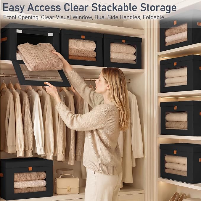 DIMJ Storage Bins with Lids - 5 Pack Front Opening Stackable Fabric Storage Boxes with Clear Window & Handles, Collapsible Closet Organizers for Clothes, Sweaters, Shelf Storage, Bedroom, Black
