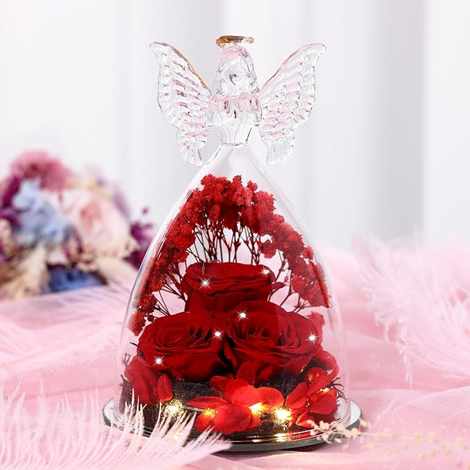 Mothers Day Rose Gifts for Women Preserved Real Flower in Glass Angel Figurines Roses for Delivery Prime Birthday Gifts for Mom Grandma Girlfriend Wife Her, Crystal Red