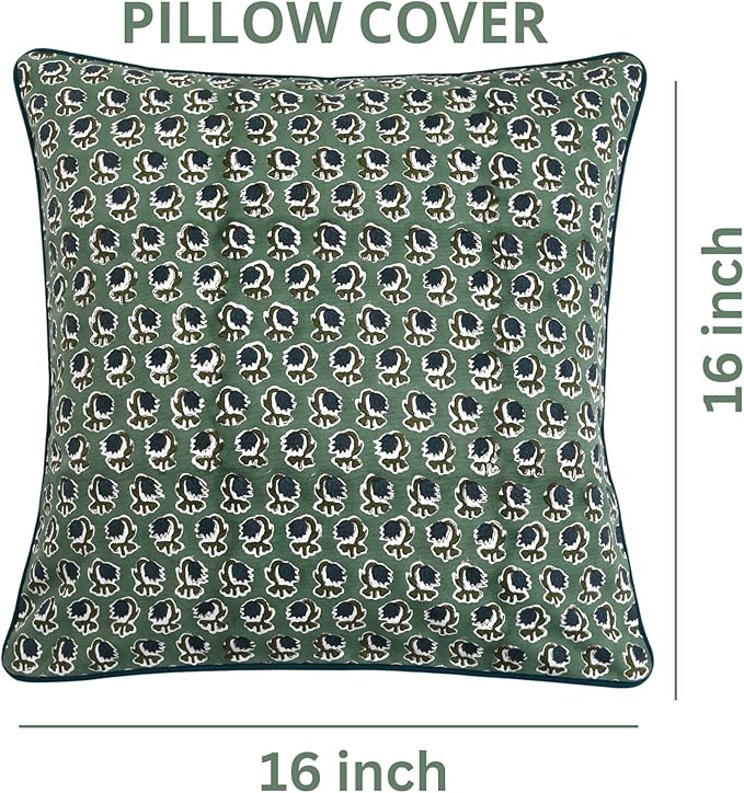 Ridhi Block Print Basil Green Pillow Cover 16" x 16" (Pack of 2) Decorative Couch Pillows for Living Room, Chic Boho Cute Outdoor Pillows Covers Gifts for Spring, Easter and Valentine
