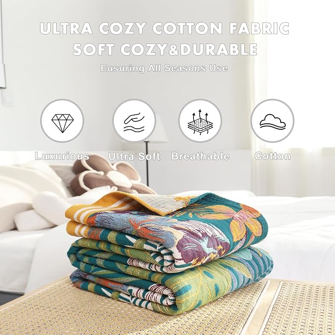 MSGKV Boho Throw Blanket for Couch and Sofa Cotton Blankets for Living Room Bedroom Reversable Florals Throw 60"x80" Summer Breathable Cozy Blankets