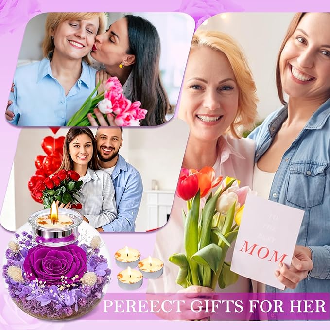 Mothers Day Rose Gifts for Mom Birthday Gift for Women Preserved Rose in Glass Dome with 2 Fragrances Eternal Purple Roses Forever Flowers for Delivery Mothers Day Flower Gifts for Mom Grandma Wife