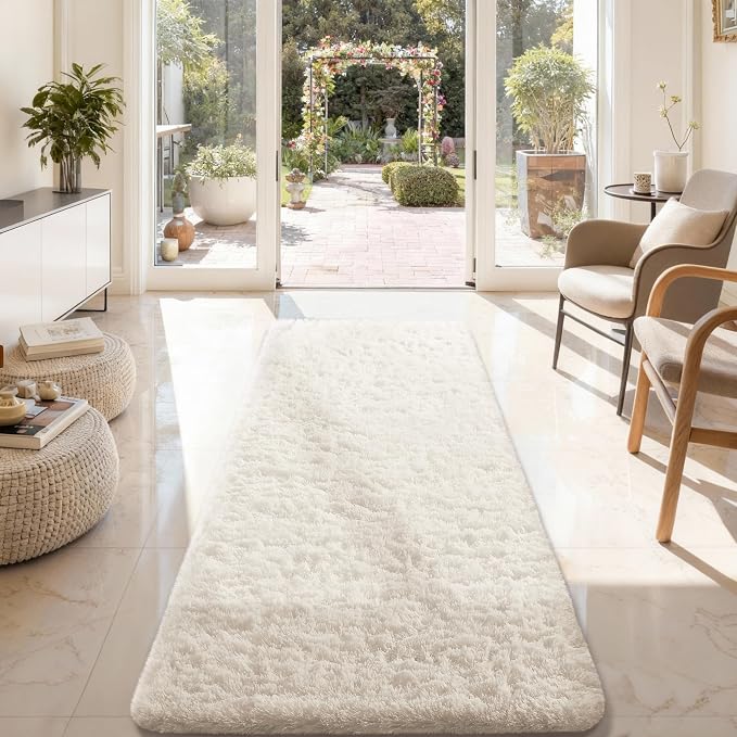 Ophanie Runner Rug for Hallway, 3x8 Washable Non-Slip Fluffy Soft Bedside Rugs, Bedroom Living Room Shaggy Carpet for Kids Girls Boys Dorm Nursery Decor Aesthetic, Ivory with Over 99 pcs Pile fibers