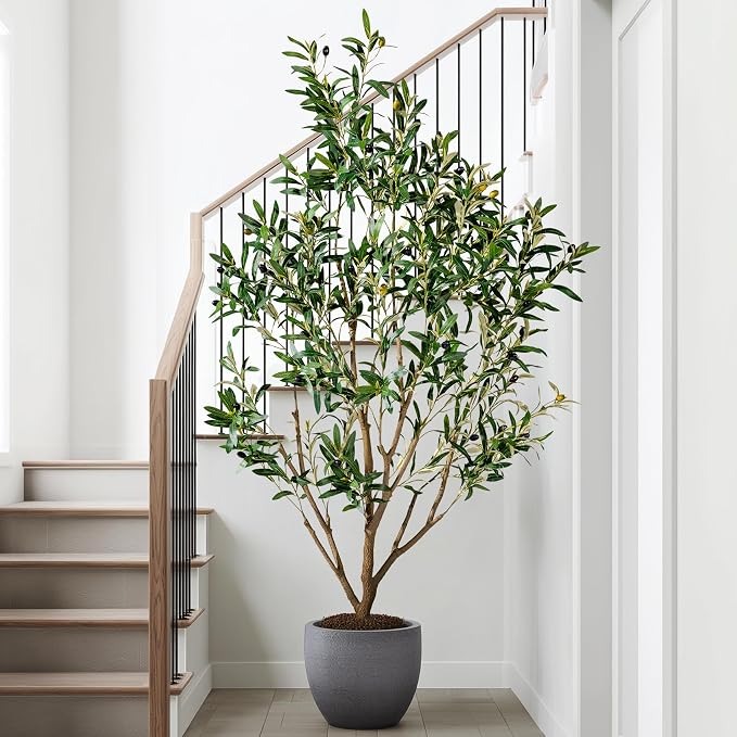 5FT Artificial Olive Tree with Realistic Leaves & Natural Trunk, Faux Silk Olive Plant in White Planter, Tall Fake Tree for Modern Home Office Living Room Entryway Corner Decor, Maintenance Free