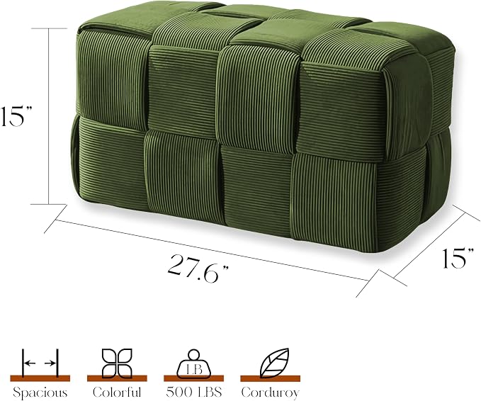 Cmishe 28" Rectangular Woven Corduroy Ottoman Footrest - Large Modern Entryway Bench & Bed End Stool, Sturdy Wood Frame, No Assembly (Green-L)