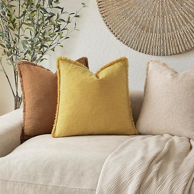 Foindtower Set of 2 Decorative Linen Fringe Throw Pillow Covers Cozy Boho Farmhouse Cushion Cover with Tassels Soft Accent Pillowcase for Couch Sofa Bed Living Room Home Decor,18×18 Inch,Ginger Yellow