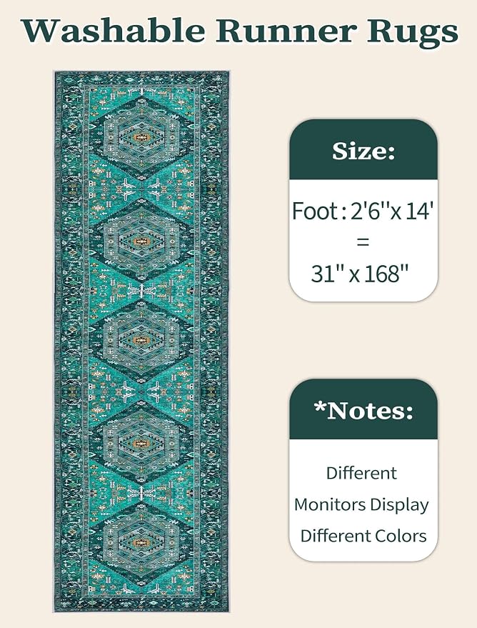 SERISSA Runner Rug for Hallways, 2'6"x14' Washable Non Slip Kitchen Runner Rug, Extra Long Boho Rug Ultra Soft Vintage Teal Print Floor Carpet for Bedroom Hallway Entryway Bathroom Laundry Room
