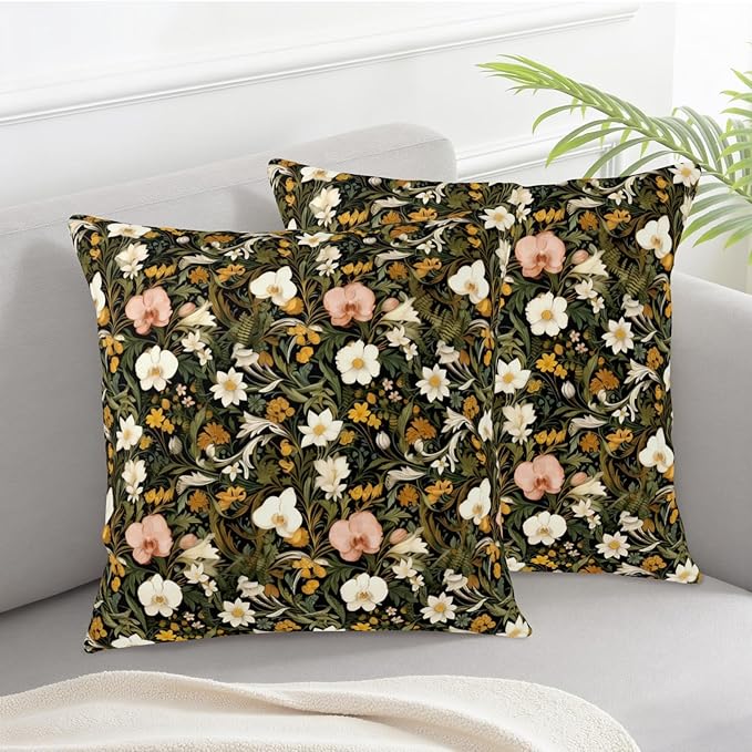 Boho Black Floral Throw Pillow Covers Spring Summer Botanical Pillow Covers Dark Wildflower Pillow Cases 24x24 Vintage Farmhouse Cushion Cases for Bedroom Living Room
