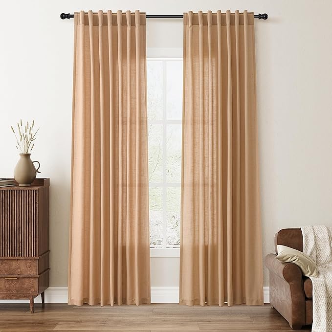 Nanspring Camel Linen Curtains for Living Room 84 inches Long 2 Panels Light Filtering Linen Textured Back Tabs Pocket Curtains Window Treatments Farmhouse Country for Living Room, Camel, W50 x L84