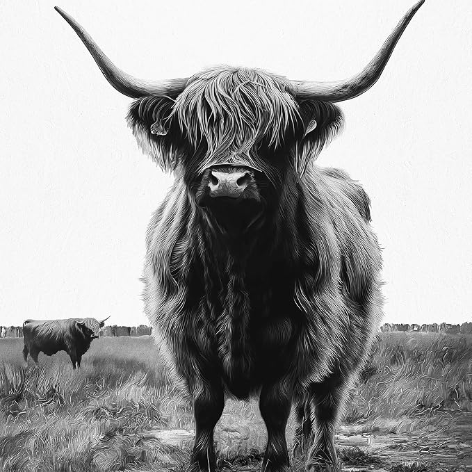 Framed Highland Cow Wall Art for Living Room, 3 Piece Black and White Farmhouse Canvas Artwork for Walls, Vintage Rustic Barn Western Farm Picture Prints for Bedroom Dining HallWay Wall Decor 16x24 In