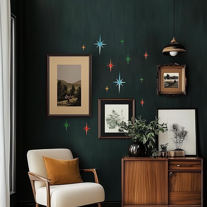 Stylor Mid Century Modern Decor - Whimsigoth MCM Retro 3D Star Wall Art Sculpture, Vintage Celestial Home Decor Accent, Plastic Starburst Decor (Set of 6)