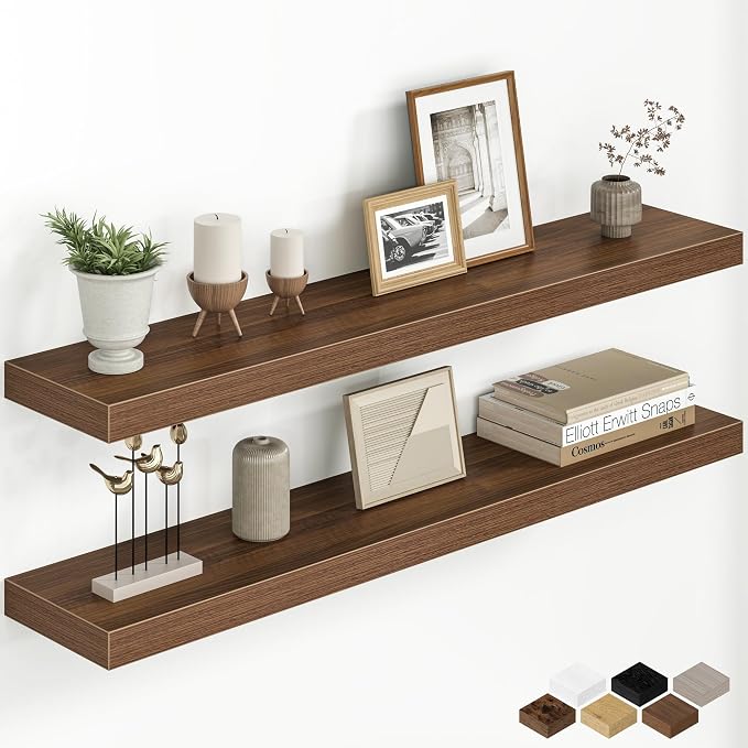 40 Inch Floating Shelves for Wall, 8 Inch Deep Rustic Wood Floating Shelves Set of 2, Wall Mounted Hanging Shelf with Invisible Brackets for Bathroom, Bedroom, Kitchen, Living Room, Walnut
